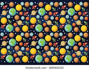 rocket, planet, space, earth, sun, vector illustration of space world