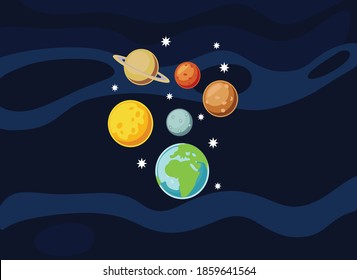 rocket, planet, space, earth, sun, vector illustration of space world