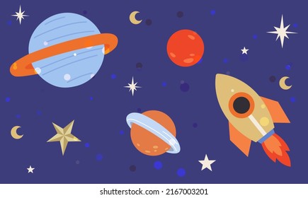 Rocket and planet stickers on blue background. Spaceship flying among celestial objects and stars. Cute astronomical shapes, cosmic design elements. Sky landscape with flying rocket transport
