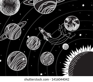 Rocket and planets draws of solar system design