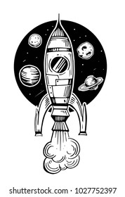 Rocket with planets. Hand drawn illustration converted to vector