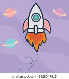 Rocket and planets illustration, vector with harmonic colors