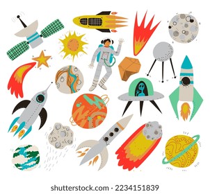 Rocket, Planets and Man Astronaut as Cosmos and Universe Exploration Big Vector Set