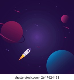 Planetas de foguetes, meteoros no espaço vibrantes, cena espacial dinâmica. Excelente para projetos de ficção científica, astronomia ou design educacional.