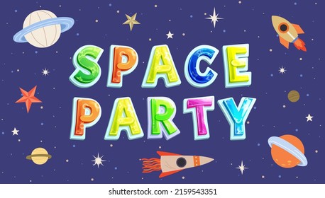 Rocket and planets on blue background. Spaceship flying among celestial objects and stars. Space party, cosmic design elements. Sky landscape with flying rocket and heavenly bodies