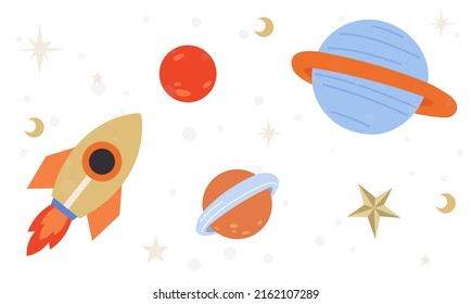 Rocket and planets on blue background. Spaceship flying among celestial objects and stars. Cute astronomical shapes, cosmic design elements. Sky landscape with flying rocket and heavenly bodies