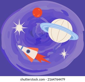 Rocket and planets on blue background. Spaceship flying among celestial objects and stars. Cute astronomical shapes, cosmic design elements. Sky landscape with flying rocket and heavenly bodies