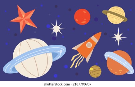 Rocket and planets on blue background. Spaceship flying among celestial objects and stars. Cute astronomical shapes, cosmic design elements. Sky landscape with flying rocket and heavenly bodies