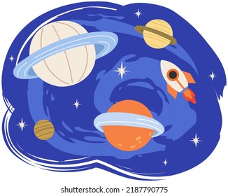 Rocket and planets on blue background. Spaceship flying among celestial objects and stars. Cute astronomical shapes, cosmic design elements. Sky landscape with flying rocket and heavenly bodies