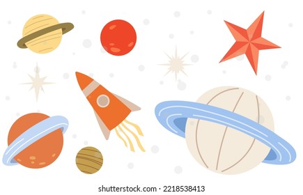 Rocket and planets on blue background. Spaceship flying among celestial objects and stars. Cute astronomical shapes, cosmic design elements. Sky landscape with flying rocket and heavenly bodies