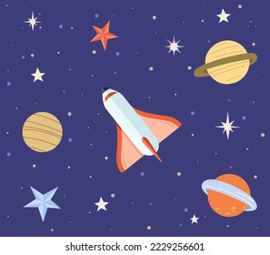 Rocket and planets on blue background. Spaceship flying among celestial objects and stars. Cute astronomical shapes, cosmic design elements. Sky landscape with flying rocket and heavenly bodies