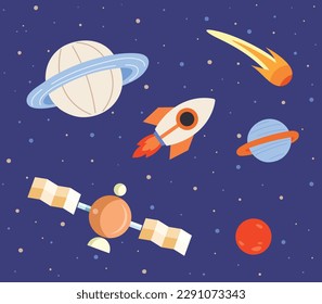 Rocket and planets on blue background. Spaceship flying among celestial objects and stars. Cute astronomical shapes, cosmic design elements. Sky landscape with flying rocket and heavenly bodies