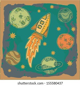 rocket and planets in outer space, science fiction cartoon childish illustration