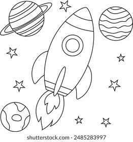 Rocket and planets outline coloring page for kids