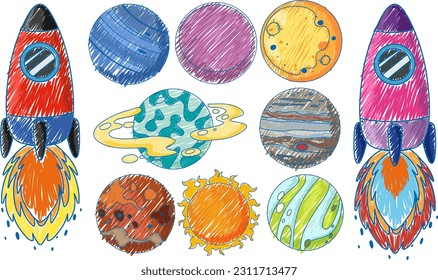 Rocket and planets in Pencil Colour Sketch Simple Style illustration