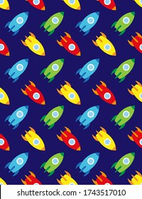 Rocket and planets in space, seamless children's pattern, vector, dark blue backgroun 