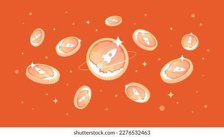 Rocket Pool coins falling from the sky. RPL cryptocurrency concept banner background.