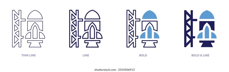 Rocket predictions icon in 4 different styles. Thin Line, Line, Bold, and Bold Line. Duotone style. Editable stroke.