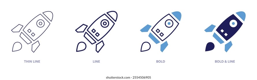 Rocket priorities icon in 4 different styles. Thin Line, Line, Bold, and Bold Line. Duotone style. Editable stroke.