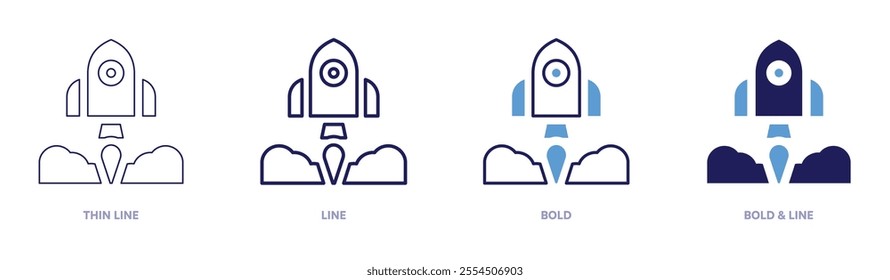 Rocket procedures icon in 4 different styles. Thin Line, Line, Bold, and Bold Line. Duotone style. Editable stroke.