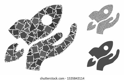 Rocket project launch composition of rugged pieces in various sizes and color tints, based on rocket project launch icon. Vector trembly pieces are combined into collage.