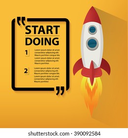 Rocket. Project start up. Business aims and smart solutions. Teamwork.yellow background,clean vector

