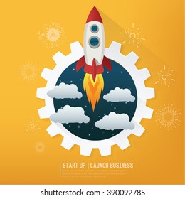 Rocket. Project start up. Business aims and smart solutions. Teamwork.yellow background,clean vector
