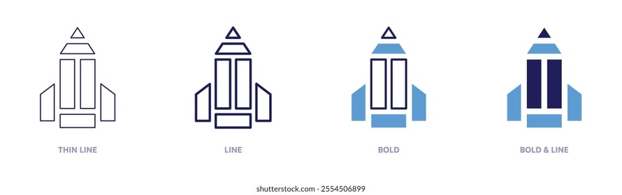 Rocket prototypes icon in 4 different styles. Thin Line, Line, Bold, and Bold Line. Duotone style. Editable stroke.