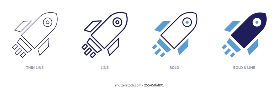 Rocket publishing icon in 4 different styles. Thin Line, Line, Bold, and Bold Line. Duotone style. Editable stroke.