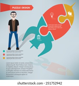 Rocket puzzle and businessman info graphic design,clean vector