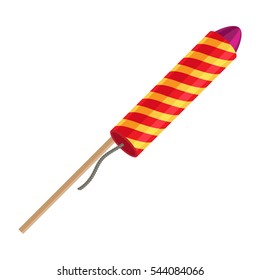 Rocket pyrotechnic firework made out of paper tube packed with gunpowder, propels itself into air in order to fly. Vector in cartoon style red exploding rocket with golden stars isolated on white