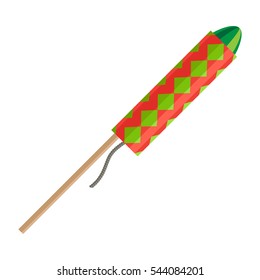 Rocket pyrotechnic firework made out of paper tube packed with gunpowder, propels itself into air in order to fly. Vector in cartoon style red exploding rocket with green stars isolated on white