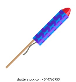 Rocket pyrotechnic firework made out of paper tube packed with gunpowder, propels itself into air in order to fly. Vector in cartoon style red exploding rocket with golden stars isolated on white