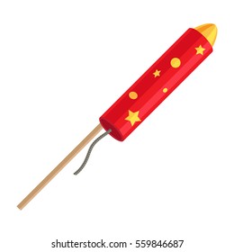 Rocket pyrotechnic firework made out of paper tube packed with gunpowder, propels itself into air in order to fly. Vector in cartoon style red exploding rocket with golden stars isolated on white