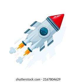 The rocket is rapidly flying forward. Cartoon style, isolated on a white background.
