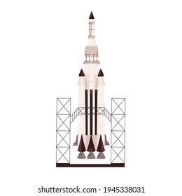 Rocket ready to launch, standing at station. Rocketship before takeoff. Colored flat vector illustration of space shuttle isolated on white background