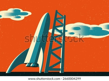 Rocket ready to take off on launch site. Retro styled sci-fi spaceship science concept
