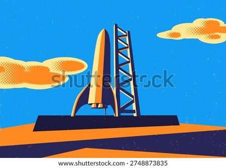Rocket ready to take off on launch site. Retro styled sci-fi spaceship concept