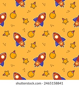 Rocket red cartoon so cute. On moon star yellow background. Pattern seamless vector illustration. 
