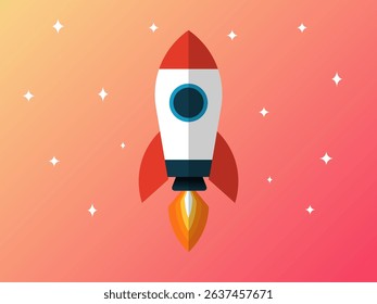 Rocket with red fins and flame flying in space with stars on gradient background