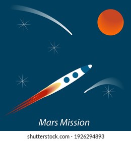 Rocket, red planet, cartoon, bright colors - vector. Space exploration. Mission to Mars.