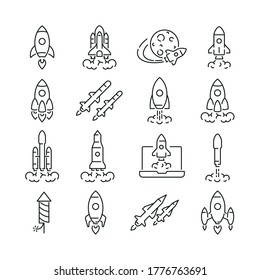 Rocket Related Icons: Thin Vector Icon Set, Black And White Kit