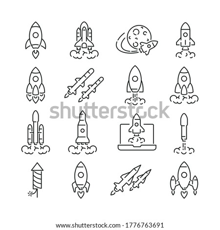 Rocket related icons: thin vector icon set, black and white kit