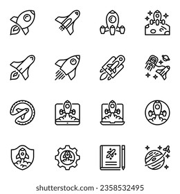 Rocket related vector line icons set. progress, planet, startup, cosmos, galaxy, start, astronomy, exploration, innovation, futuristic, speed, career, science, flight, fly, outline, vehicle, satellite