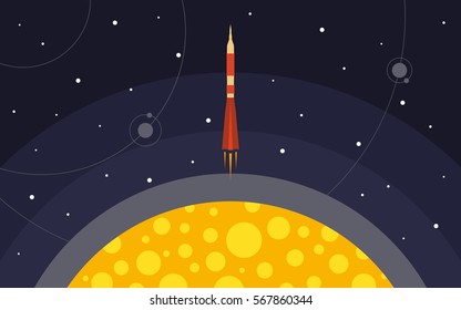 The rocket is removed from the planet in space. Space travel. Vector illustration with flying rocket.
