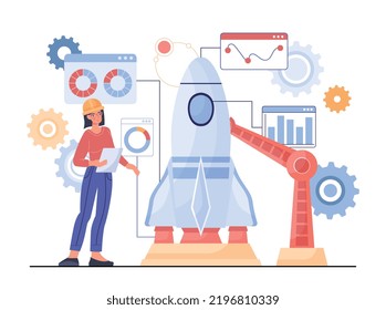 Rocket research concept. Modern technologies and innovations. Study of cosmos, galaxies and universes, space transport for travel. Female engineer at workplace. Cartoon flat vector illustration