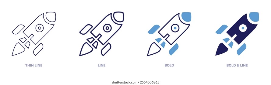 Rocket resources icon in 4 different styles. Thin Line, Line, Bold, and Bold Line. Duotone style. Editable stroke.