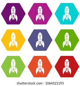 Rocket retro icons 9 set coloful isolated on white for web