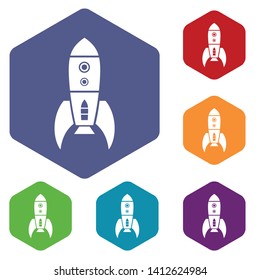 Rocket retro icons vector colorful hexahedron set collection isolated on white