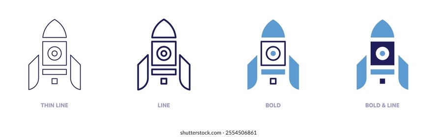 Rocket reusability icon in 4 different styles. Thin Line, Line, Bold, and Bold Line. Duotone style. Editable stroke.